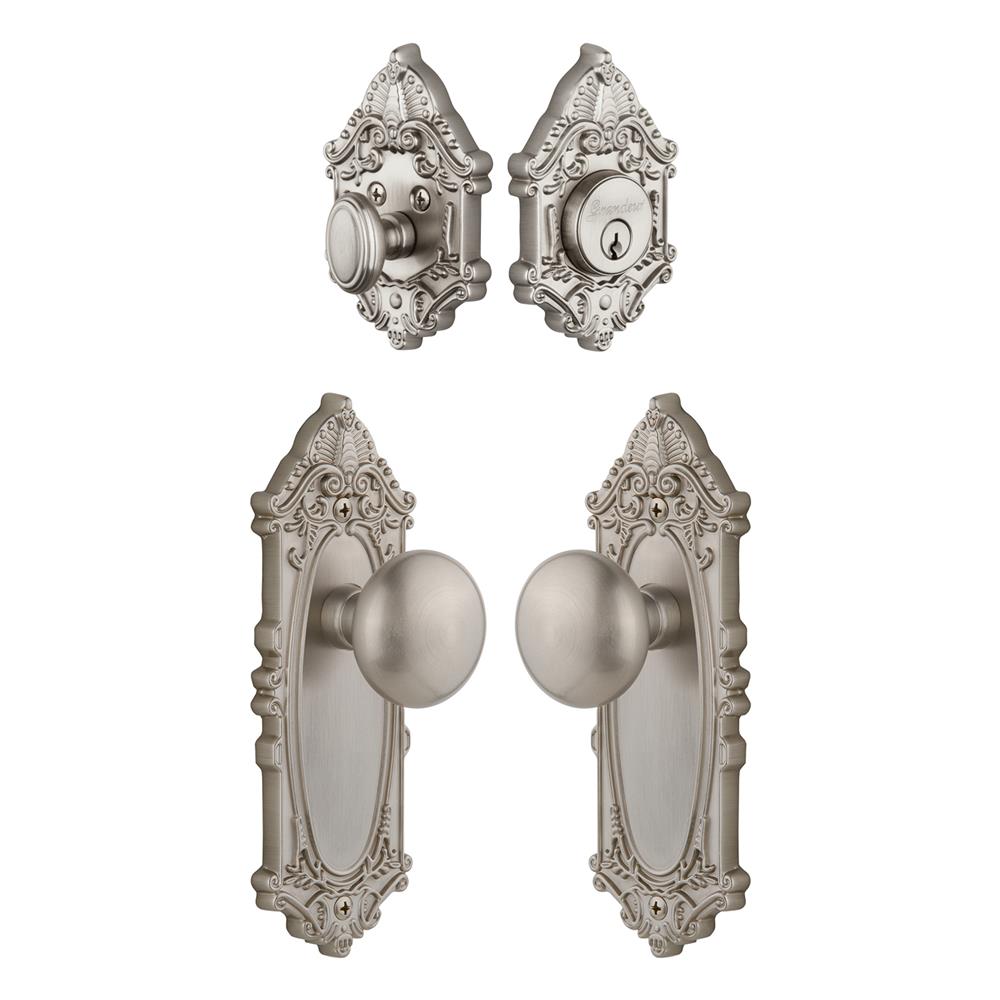 Grandeur by Nostalgic Warehouse Single Cylinder Combo Pack Keyed Differently - Grande Victorian Plate with Fifth Avenue Knob and Matching Deadbolt in Satin Nickel